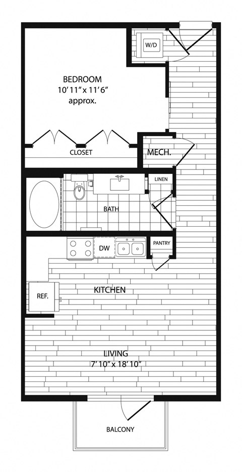 Floor plan for studio, 1 bath, 679 sqft